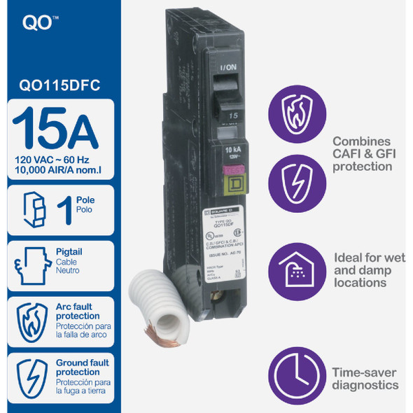 Square D QO 15A Single-Pole CAFCI Dual Function Circuit Breaker