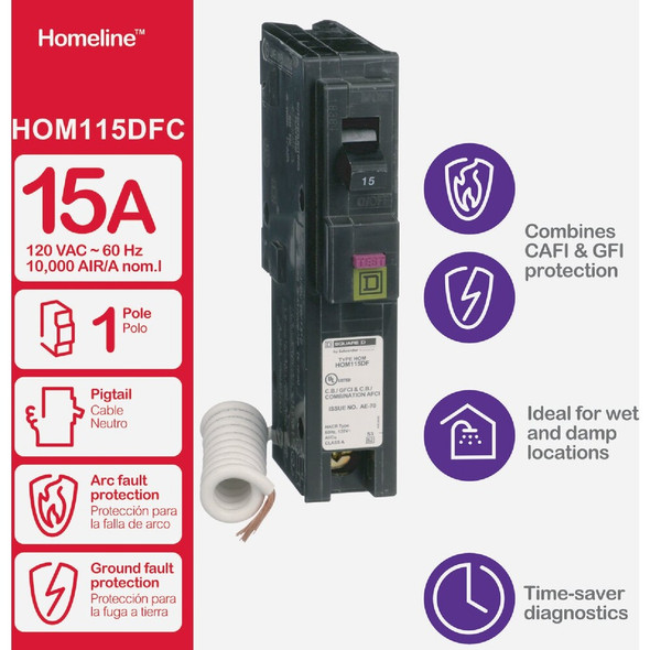 Square D Homeline 15A Single-Pole CAFCI Dual Function Circuit Breaker HOM115DFC 501833