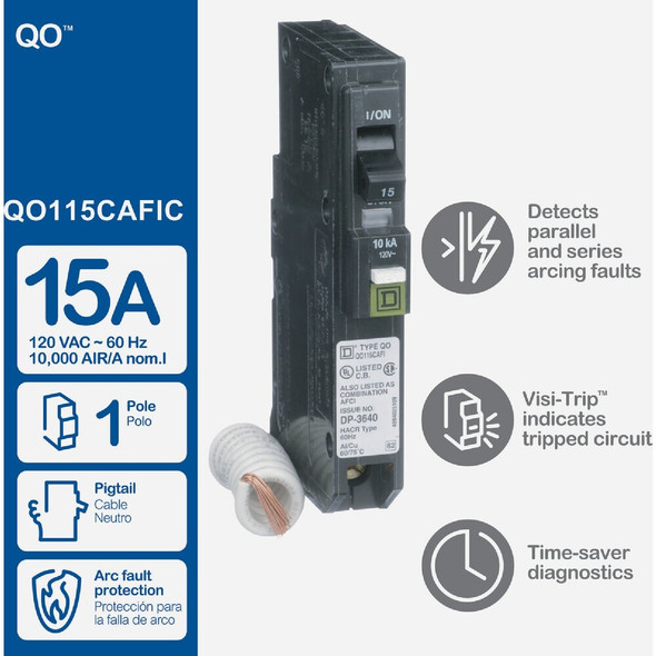 Square D QO 15A Single-Pole CAFCI Combination Arc Fault Breaker QO115CAFIC 558281