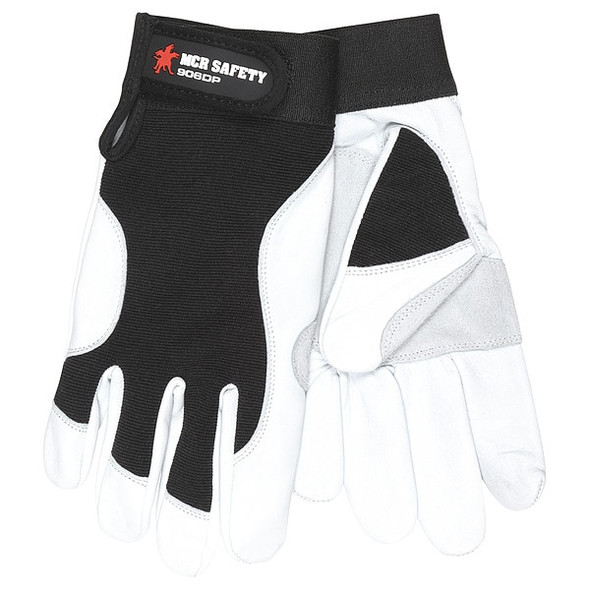 Mcr Safety 906DP Mechanics Gloves, Goatskin Palm, Nylon, Spandex Back, M, Black/White 906DPM