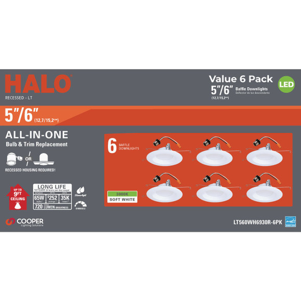 Halo 5 in./6 in. Retrofit IC Rated White LED Recessed Light Fixture (6-Pack)
