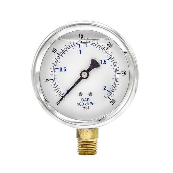 Industrial Pressure Gauge, 0 to 30 psi, 4 in Dial, 1/2 in NPT, Bottom Location