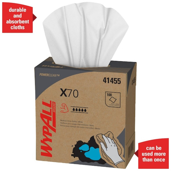 WypAll PowerClean X70 Medium Duty Cloths, Pop-Up Box, White, 96 Sheets  41455