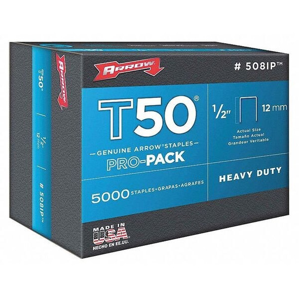 Heavy Duty Staples, T50, 18 ga, Flat Crown, 1/2 in Leg L, Steel, 5000 PK