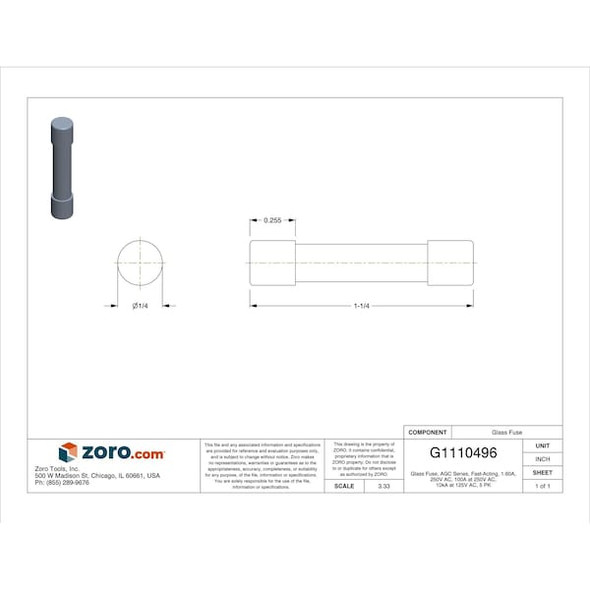 Eaton Bussmann Glass Fuse, 1.60A, 100A at 250V AC, 10kA at 125V AC, 5 PK AGC-1-6/10-R