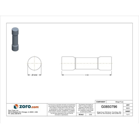 Midget Fuse, Time-Delay, 20A, 500V AC, Non-Indicating, 10kA at 500V AC  FNQ-20