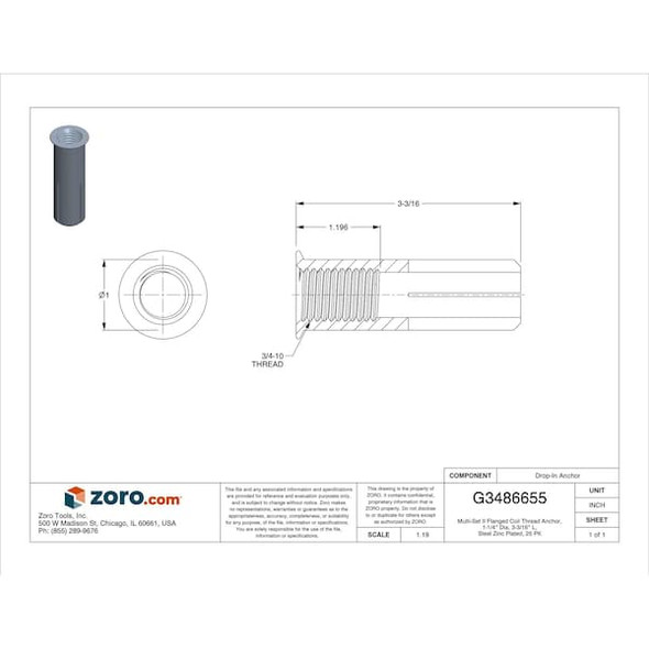 Multi-Set II Flanged Coil Thread Anchor, 1-1/4" Dia, 3-3/16" L, Steel Zinc Plated, 25 PK