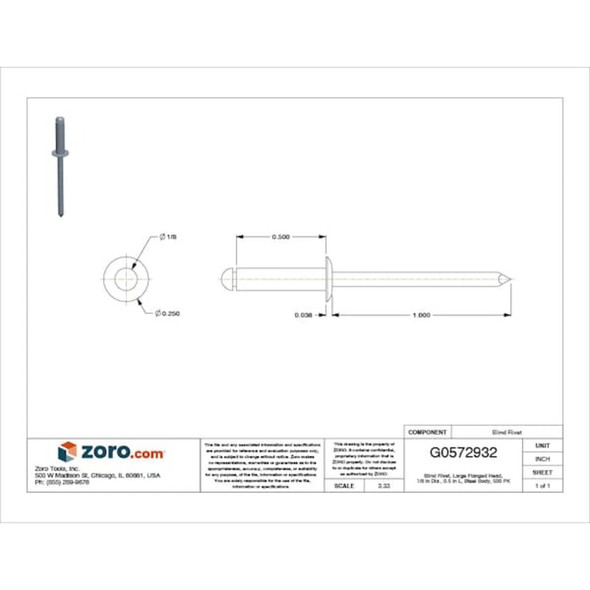 Blind Rivet, Large Flanged Head, 1-8 in Dia., 1-2 in L, Steel Body, 500 PK  SD46BSLF201