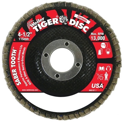 Saber Tooth Ceramic Flap Discs, 4 1/2 in, 40 Grit, 7/8 in Arbor, 13,000 rpm