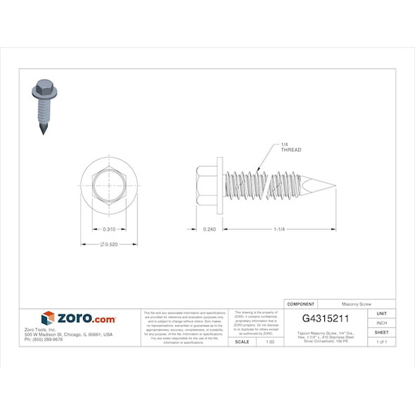 Tapcon Masonry Screw, 1/4" Dia., Hex, 1-1/4" L, 410 Stainless Steel Silver Climashield, 100 PK
