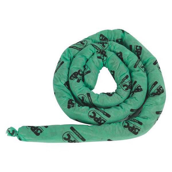 Brady Sorbent Sock, 12 gal, 3 in x 12 ft, Harsh Chemicals, Green, 4 PK HAZ124