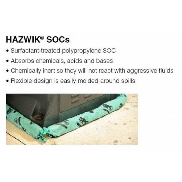 Brady Sorbent Sock, 12 gal, 3 in x 12 ft, Harsh Chemicals, Green, 4 PK HAZ124