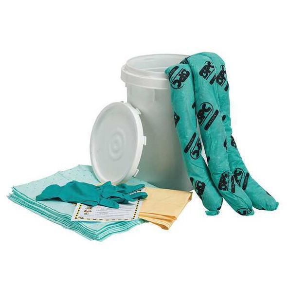 Spill Kit, 9 gal Volume Absorbed per Kit, 6 1/2 gal Capacity, Bucket, White