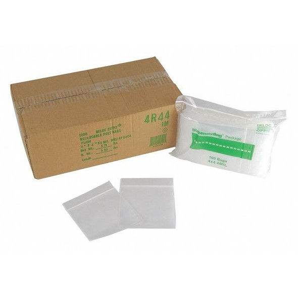 Reclosable Bag, Zip Seal, 4 in L, 3 in W, 4 mil Thick, Polyethylene, Clear