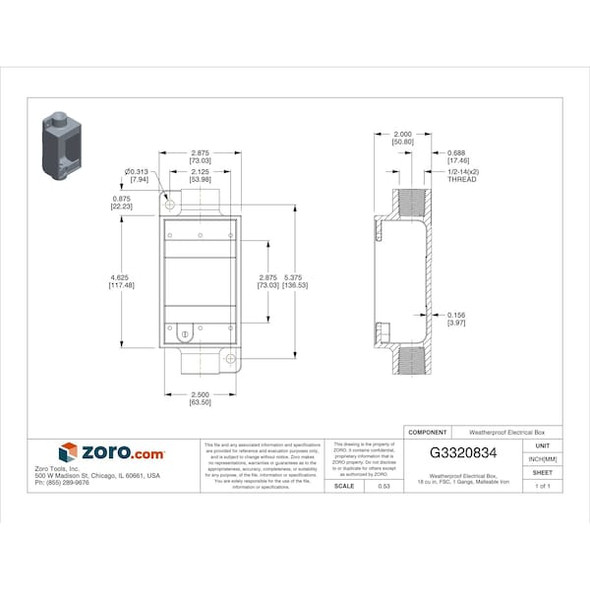 Weatherproof Electrical Box, 18 cu in, FSC Box Type, 1 Gang, Malleable Iron, Rectangular Shape