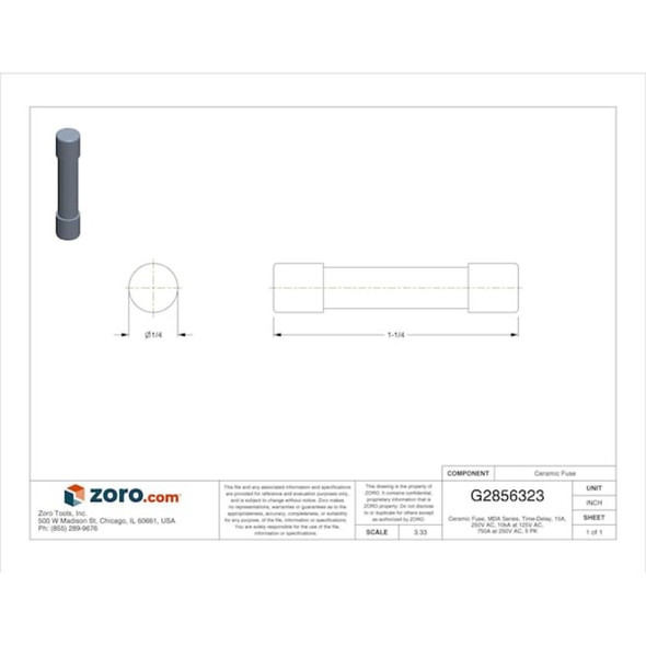 Ceramic Fuse, 15A, 10kA at 125V AC, 750A at 250V AC, 5 PK  MDA-15-R