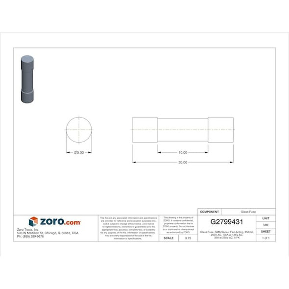 Eaton Bussmann Glass Fuse, 250mA, 10kA at 125V AC, 35A at 250V AC, 5 PK GMA-250-R