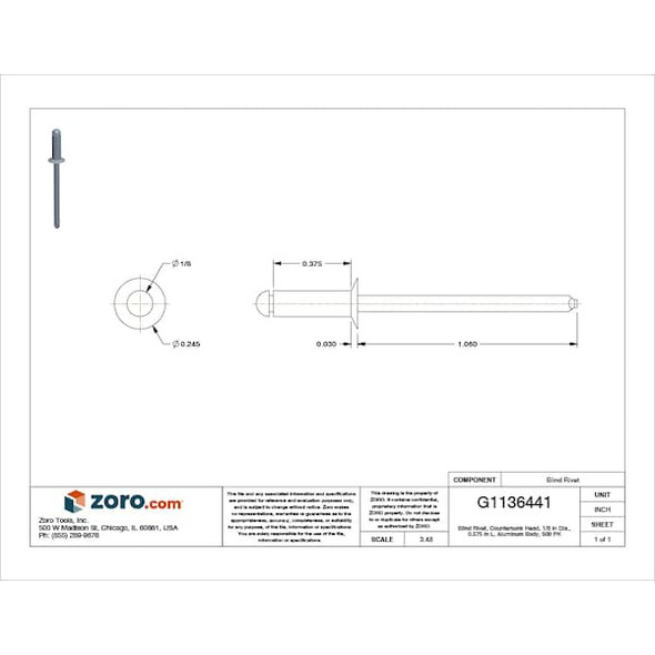 Stanley Engineered Fastening Blind Rivet,1/8 Dia,0.375 L,PK500 AK44ABS201