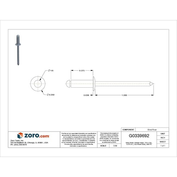Stanley Engineered Fastening Blind Rivet,1/8 Dia,0.375 L,PK500 AD44ABS201