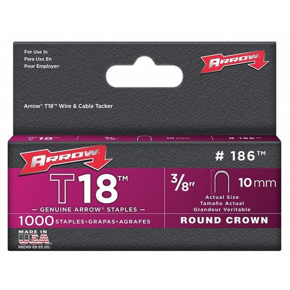 Heavy Duty Staples, 18 ga, Round Crown, 3/8 in Leg L, Steel, 1000 PK