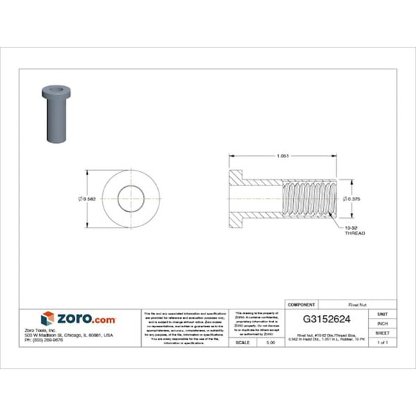 Rivet Nut, #10-32 Thrd Sz, 1.051 in L, Rubber, Protective Powder, 10 PK  347112/388