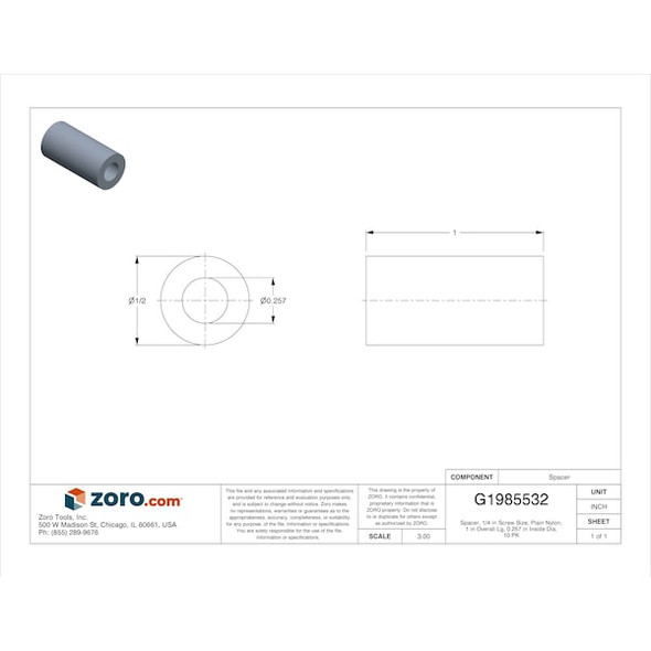 Manufacturer Varies Spacer,Round,Nylon,1in L,PK10 13SP277