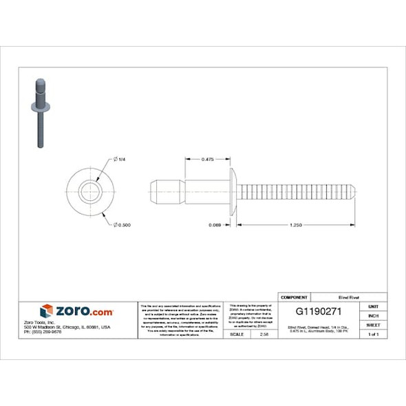 Stanley Engineered Fastening Blind Rivet,1/4 Dia,0.475 L,PK100 AD84BS203 Stanley Engineered Fastening Blind Rivet,1/4 Dia,0.475 L,PK100 AD84BS203