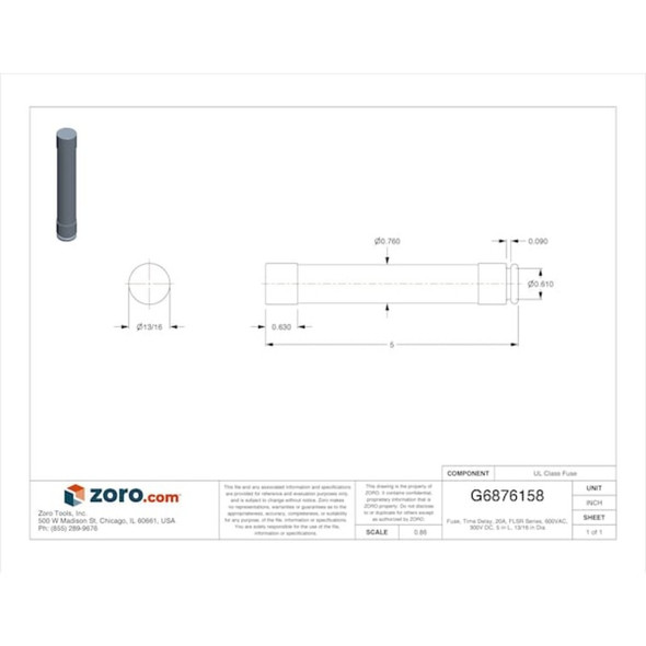 UL Class Fuse, RK5 Class, Time-Delay, 20A, 600V AC, Non-Indicating  FLSR020