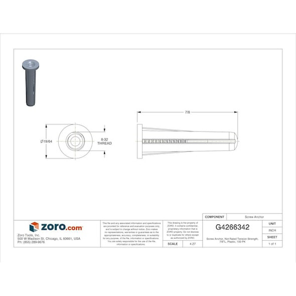 Manufacturer Varies Screw Anchor, Not Rated Tension Strength, 7/8"L, Plastic, 100 PK U63158.008.0001