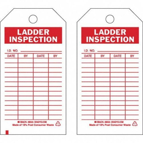 Brady Tag, Inspection, Polyester, 5 3/4 in H x 3 in W, Red on White, Rectangle, 10 PK 86555