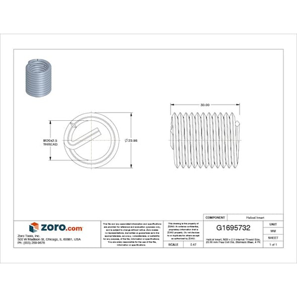 Tanged Helical Insert, Free-Running, M20-2.50 Thrd Sz, 18-8 Stainless Steel, 4 PK