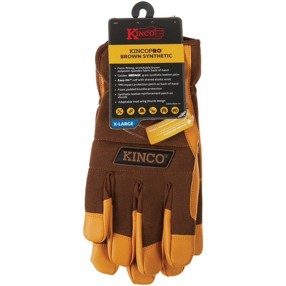 KincoPro Men's XL Brown Polyester-Spandex Back Synthetic Leather Work Glove 2014-XL 717884