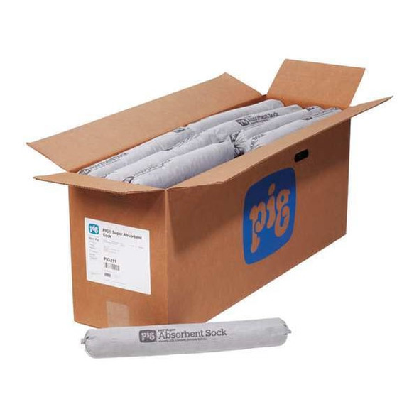 Pig Sorbent Sock, 24 gal, 3 1/4 in x 21 in, Universal, Gray, 48 PK PIG211