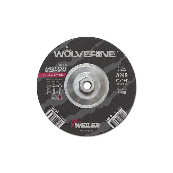 Wolverine® Grinding Wheel, 7 in dia x 5/8 in-11 UNC Arbor x 1/4 in Thick, AO, 24R