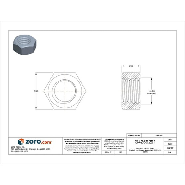 Hex Nut, 1-4"-20, Steel, Grade 2, Hot Dipped Galvanized, 7-32 in Ht, 50 PK  U08111.025.0001