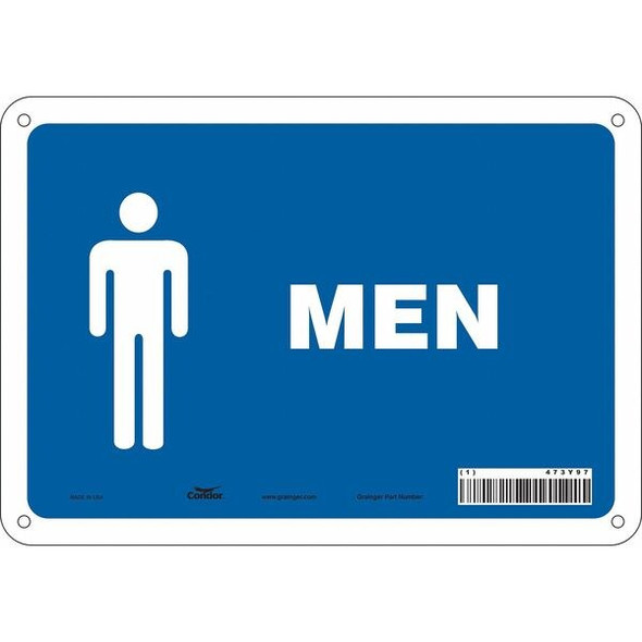 Restroom Sign, MEN, 10 in W x 7 in H, Vertical Rectangle, Aluminum, 473Y97