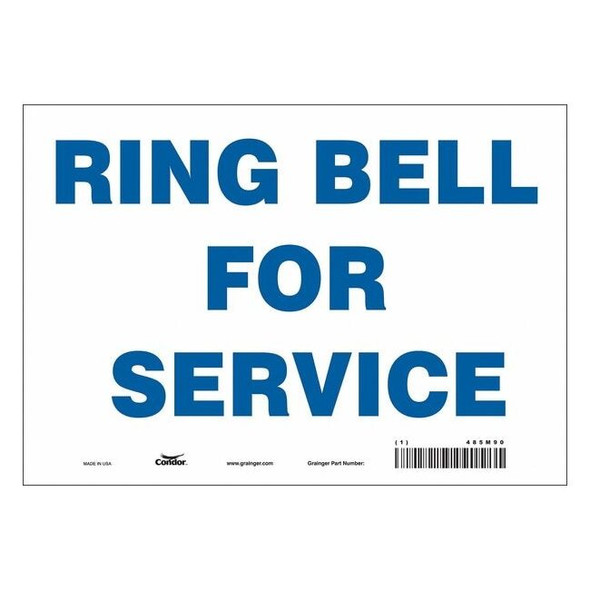 RING BELL FOR SERVICE, 10 in W x 7 in H, Vertical Rectangle, Vinyl, 485M90