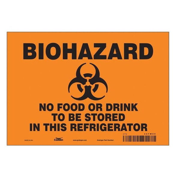 Biohazard Sign, 7 in H, 10 in W, Vinyl, Vertical Rectangle, English, 447W05