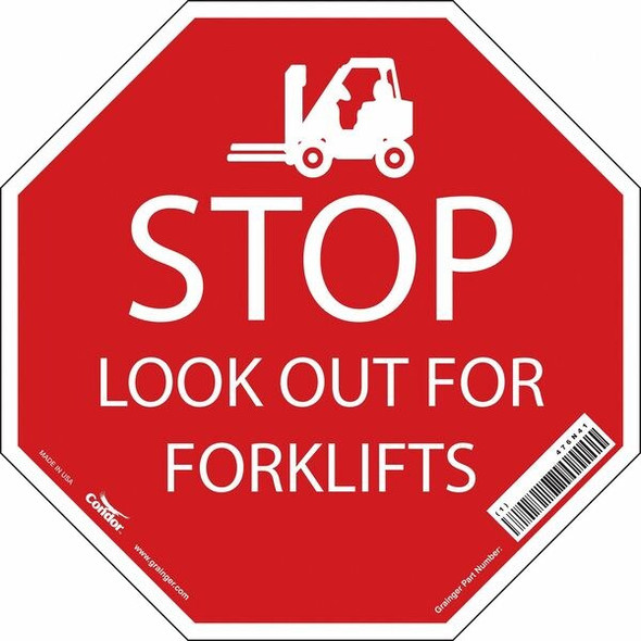 No Header, Stop Look Out For Forklifts, 18" W x 18" H, Octagon, Vinyl