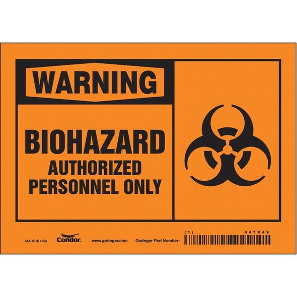 Biohazard Sign, 5 in H, 7 in W, Vinyl, Horizontal Rectangle, English, 447X49