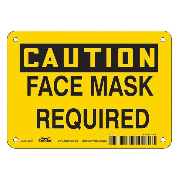 Condor Face Mask Required Sign, 7" W x 5" H, English, Vinyl, Yellow 467X74