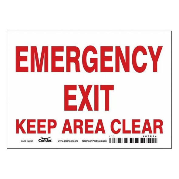 Exit Sign, Vinyl, 7" W, 5" H, Emergency Exit Keep Area Clear, White