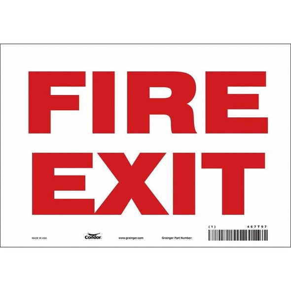 Safety Sign Emergency Exit, Vinyl, 10 in W, 7 in H, FIRE EXIT, White