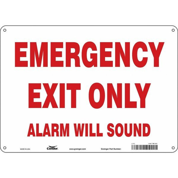 Exit Sign, Fiberglass, 14" W, 10" H, Emergency Exit Only Alarm Will Sound, White