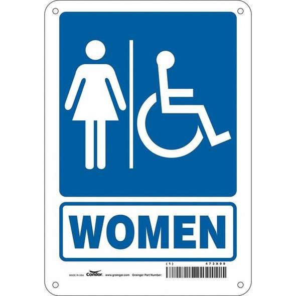 Restroom Sign, WOMEN, 7 in W x 10 in H, Horizontal Rectangle, Aluminum, 473X99