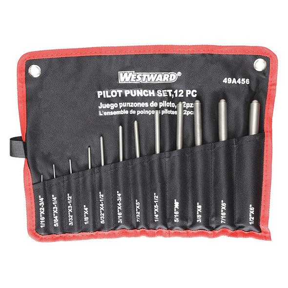 Westward Pilot Punch Set,Alloy Steel,12 Pc 49A456 Westward Pilot Punch Set,Alloy Steel,12 Pc 49A456