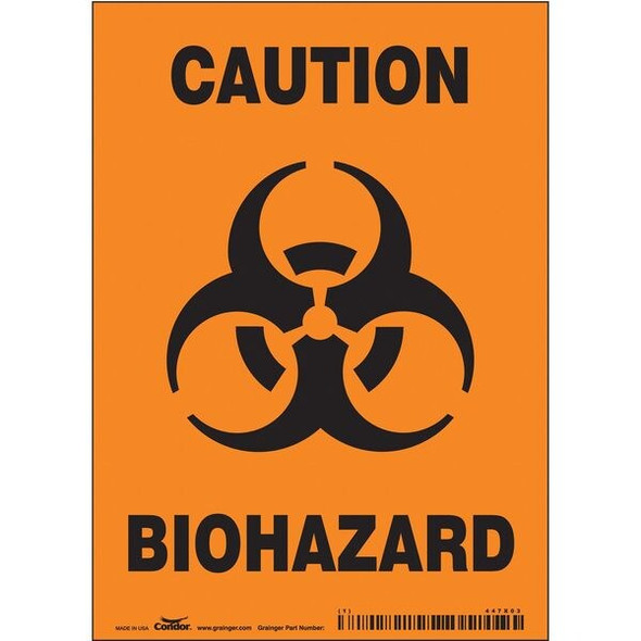 Biohazard Sign, 7 in H, 5 in W, Vinyl, Vertical Rectangle, English, 447X03