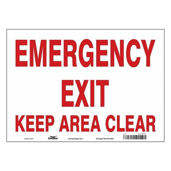 Exit Sign, Vinyl, 14" W, 10" H, Emergency Exit Keep Area Clear, White