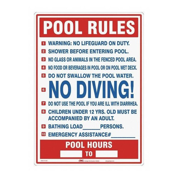 Safety Pool Rules, 20 in W x 28 in H, Vertical Rectangle, Polyethylene, 444M42