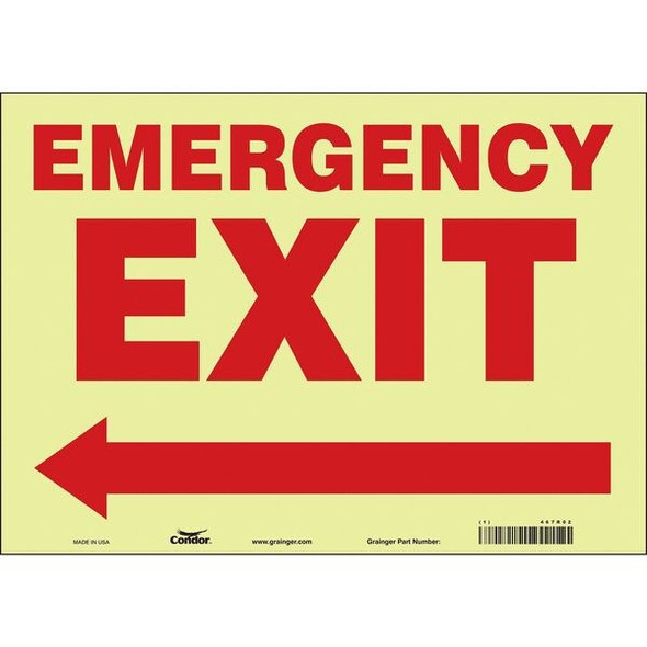 Condor Exit Sign, Vinyl, 14" W, 10" H, EMERGENCY EXIT W/SYMBOL, White 467R02